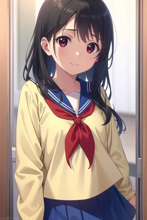 inarifushimi, <lora:inari fushimi s1-lora-nochekaiser:1>,
inari fushimi, long hair, black hair, (red eyes:1.3), smile,
BREAK skirt, school uniform, serafuku, blue sailor collar, shirt, (light yellow shirt:1.5), long sleeves, blue skirt, neckerchief, (red neckerchief:1.5),
BREAK indoors, classroom,
BREAK looking at viewer, (cowboy shot:1.5),
BREAK <lyco:GoodHands-beta2:1>, (masterpiece:1.2), best quality, high resolution, unity 8k wallpaper, (illustration:0.8), (beautiful detailed eyes:1.6), extremely detailed face, perfect lighting, extremely detailed CG, (perfect hands, perfect anatomy),