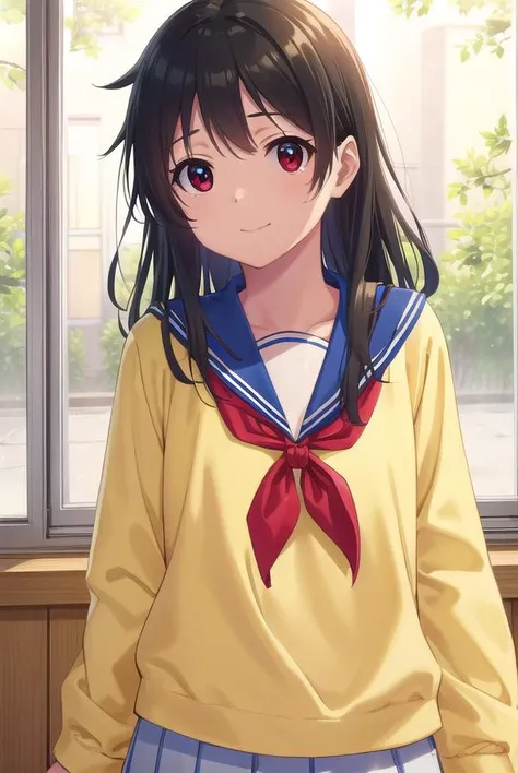 inarifushimi, <lora:inari fushimi s1-lora-nochekaiser:1>,
inari fushimi, long hair, black hair, (red eyes:1.3), smile,
BREAK skirt, school uniform, serafuku, blue sailor collar, shirt, (light yellow shirt:1.5), long sleeves, blue skirt, neckerchief, (red neckerchief:1.5),
BREAK indoors, classroom,
BREAK looking at viewer, (cowboy shot:1.5),
BREAK <lyco:GoodHands-beta2:1>, (masterpiece:1.2), best quality, high resolution, unity 8k wallpaper, (illustration:0.8), (beautiful detailed eyes:1.6), extremely detailed face, perfect lighting, extremely detailed CG, (perfect hands, perfect anatomy),