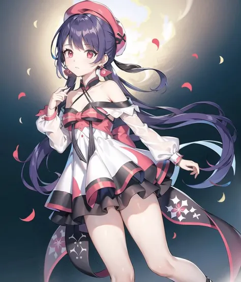 ((masterpiece)), (((best quality))), ((extremely detailed)), ((colorful)), hdr, 1girl, solo,<lora:xinhua:0.6>, xinhua,hat, sitting, view from side,dynamic angle, full body, twintails, white shirt, very long hair, dress, bare shoulders, long sleeves, bangs, skirt, red eyes, halterneck, beret, black headwear, low twintails, high heels, earrings, white footwear, jewelry, collarbone, hair ornament, shirt