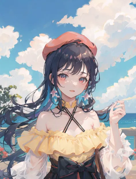 ((masterpiece)), (((best quality))), ((extremely detailed)), colorful, hdr, 1girl, solo,<lora:xinhua:0.6>, xinhua, beret, ____,halterneck, bare shoulders, criss-cross halter
outdoor, sky, cloud