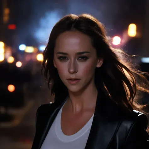 JenniferloveHewitt, <lora:JenniferLoveHewittXL:1>,a close up photo of 1girl, short white pants, shirt, black jacket, fire, smoke, fog, windy, night street, buildings, (city), light effects, swirling black light around the character, ash particles, ((perfect eyes, detailed eyes,realistic eyes)), ((sharp face, detailed face, realistic face, naturtal skin, realistic skin, detailed skin, pores))