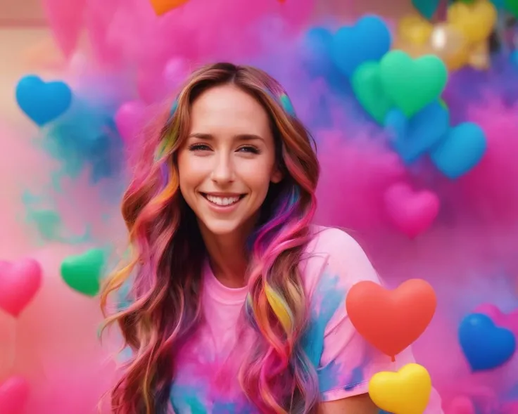 jenniferlovehewitt, <lora:JenniferLoveHewittXL:1>, polaroid aesthetic, bubblegum pop style, color smoke explosion, smile, very long wavy hair, floating hair, covered with paint, paint on body and face, rainbow colored hair,color splash, particles, puking unicorns, flying hearts, random background,