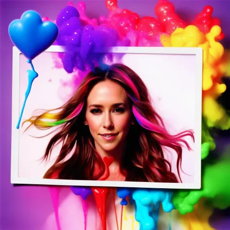 jenniferlovehewitt, <lora:JenniferLoveHewittXL:1>, ((polaroid)) frame, bubblegum pop style, flying hearts, color smoke explosion, very long wavy hair, floating hair, covered in paint, paint on body and face, rainbow colored hair,color splash, particles, random background,