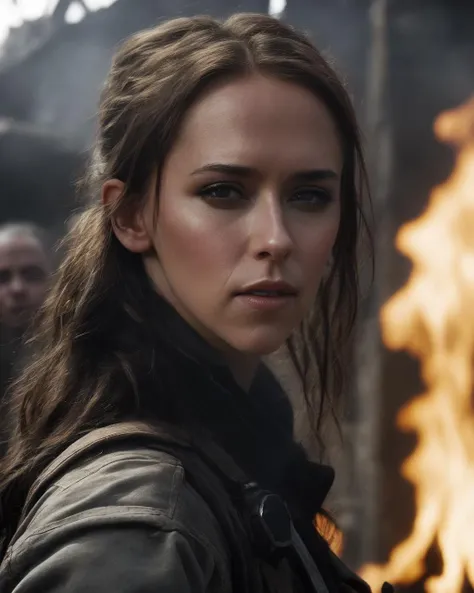 JenniferloveHewitt, <lora:JenniferLoveHewittXL:1>, raw, woman, standing in post-apocalyptic ruins, sourrounded by flames and smoke, detailed face, ((close up)), ((cyberpunk soldier)), post-apocalypse, long hair, fine facial features, beautiful face, disdain, angry, cyberpunk motives, ((perfect eyes, detailed eyes,realistic eyes)), ((sharp face, detailed face, realistic face, naturtal skin, realistic skin, detailed skin, pores))