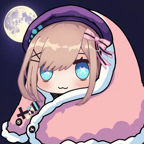 1girl, suzuhara lulu, nijisanji, brown hair, medium hair, blue eyes, x hair ornament, pink hair bow, (purple beret), glowing eyes, night sky, moon, star-shaped pupils, :3,
blanket, chibi, simple background,
masterpiece, best quality, absurdres, very aesthetic,
<lora:concept_comfyblanket-v1.1:0.8>