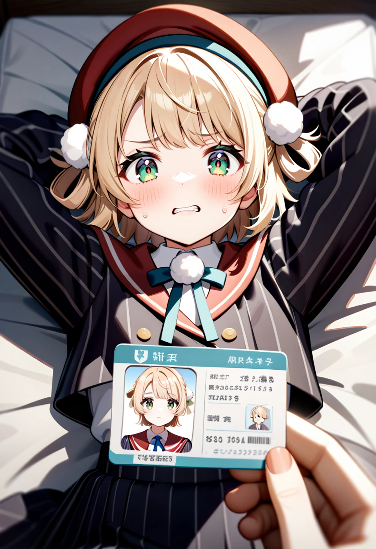 best quality, very aesthetic, absurdres, high_resolution,8k,Perfect features, intricate details,Ray Tracing, newest, <lora:shigure ui_PONY_epoch-000025:1> shigureui-default, embarrassed, glaring, 1girl, shigure ui \(vtuber\),green eyes, blonde hair, short hair,hair rings,pom pom hair ornament,beret,striped jacket,red sailor collar,pom pom (clothes),striped skirt, lying on sheets, arms behind head, restrained,
<lora:POV_holding_ID:1> pov hand, ID card