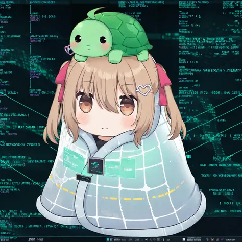 1girl, light brown hair, long hair, hair ribbon, two side up, heart hair ornament, ahoge, turtle on head,
cyberspace, digital data, cyber, data stream,
blanket, chibi,
<lora:concept_comfyblanket-v1.1:0.6> <lora:neurosama_animaginexl_3:0.6>