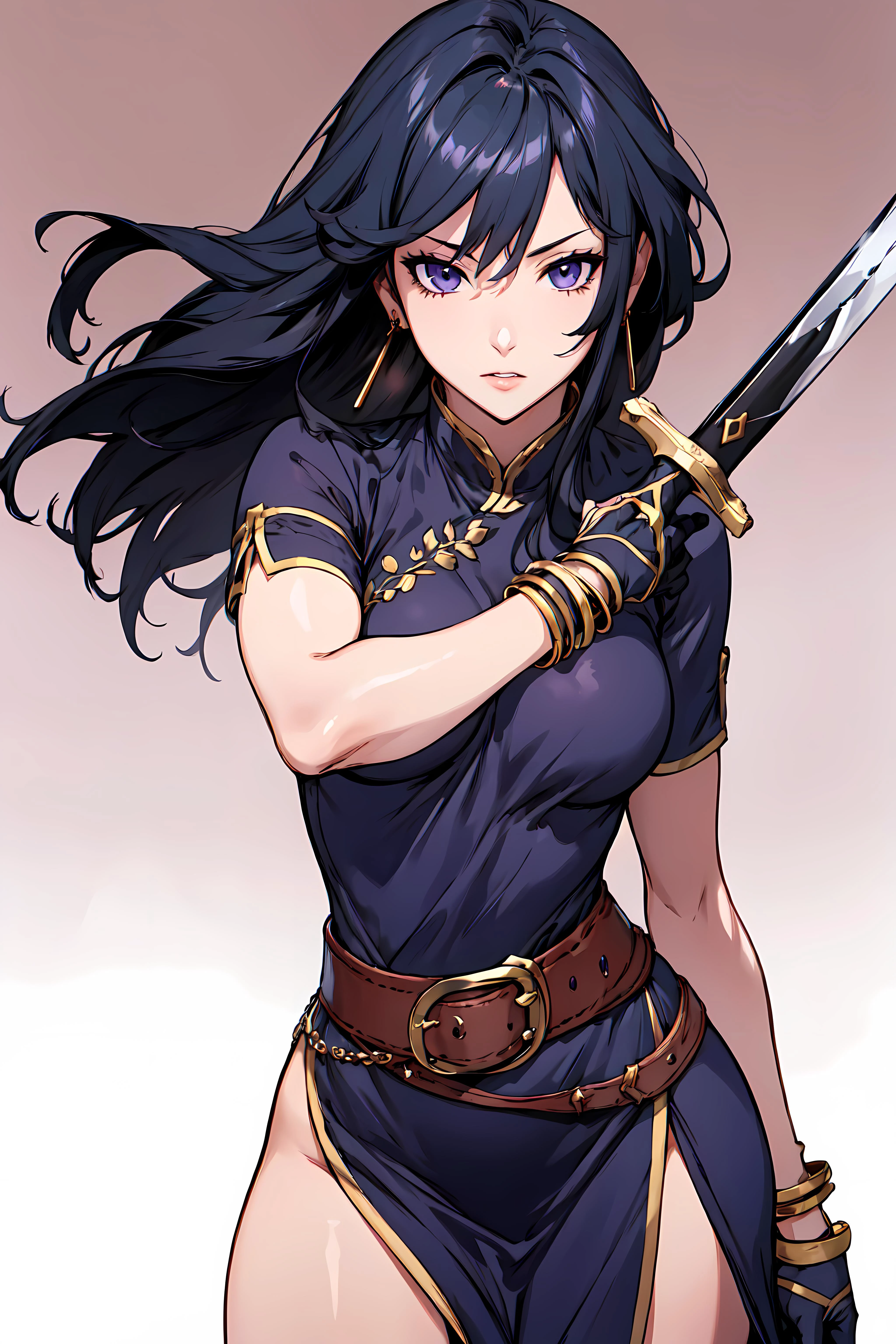best quality, extremely detailed, anime style, key visual,
8k, high res,
<lora:hews style by goofy ai:0.4> <lora:cutesexyrobutts_v2:0.2> <lora:puuzaki-puuna-lora-v1:0.2> <lora:Kenshin187:0.2>
<lora:Maki Yoko_20230823184820:0.2>
<lora:shinonomeumi_lora:0.>
<lora:izumirika_lora:0.>
<lora:Round_Breasts_V7:0.4>ROUND BREASTS,medium BREASTS
(simple background:1.3),
1girl, (slender:1.2), waist, (muscular:0.7)
<lora:Ayra_FE:0.7>ayra fe,
jewelry, earrings,
purple dress, short sleeves, side slit, thigh, chinese dress,
gloves, bracelet, fingerless gloves, belt,
holding weapon, holding sword,
dynamic pose, watching at viewer,