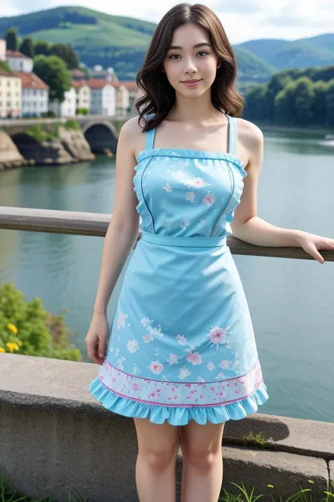 1woman, cute, beautiful, realistic, scenic view from Europe, looking at viewer, full body shot
<lora:Floral_Apron_By_Stable_Yogi:0.8> cyan floral print, skirt, bare shoulders, waist apron, frills