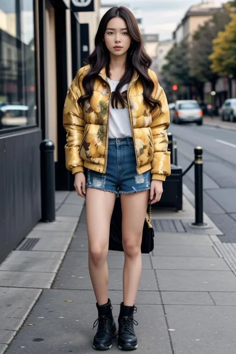 1woman, long hair, realistic, masterpiece, high detailed skin, looking at viewer, outdoor view, solo, full body shot
<lora:Floral_Jacket_Shorts_By_Stable_Yogi:0.7> gold floral print, oversized puffer jacket, denim shorts