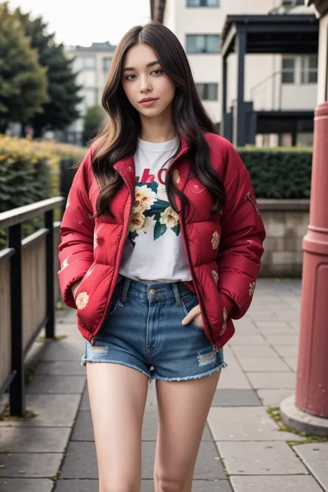 1woman, long hair, realistic, masterpiece, high detailed skin, looking at viewer, outdoor view, solo, full body shot
<lora:Floral_Jacket_Shorts_By_Stable_Yogi:0.7> ruby floral print, oversized puffer jacket, denim shorts