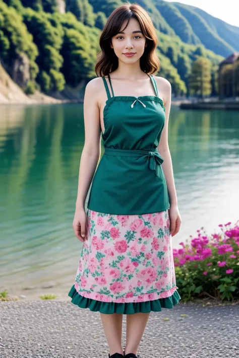 1woman, cute, beautiful, realistic, scenic view from Europe, looking at viewer, full body shot
<lora:Floral_Apron_By_Stable_Yogi:0.8> emerald floral print, skirt, bare shoulders, waist apron, frills