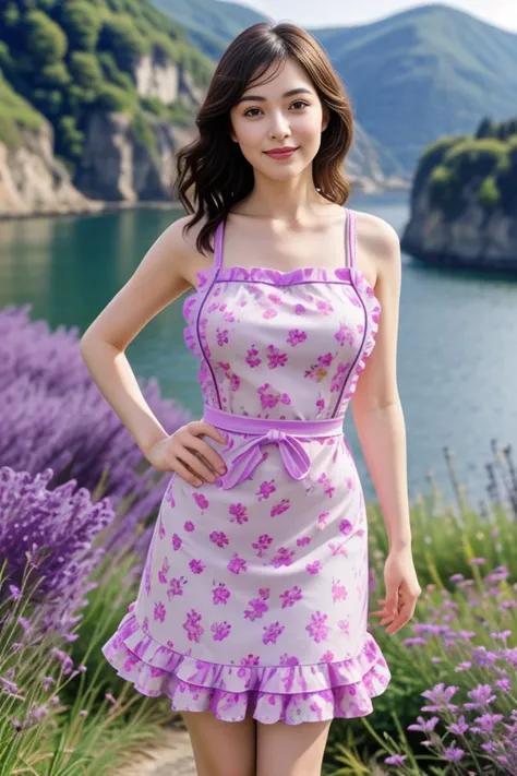 1woman, cute, beautiful, realistic, scenic view from Europe, looking at viewer, full body shot
<lora:Floral_Apron_By_Stable_Yogi:0.8> violet floral print, skirt, bare shoulders, waist apron, frills