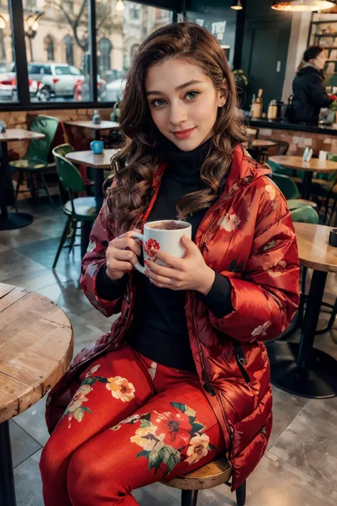 <lora:PO:.7>,green eyes, brown hair, wearing (red floral print oversized puffer jacket), black leggings, turtleneck, looking at viewer, smiling, blush, sitting, behind a table, inside a cafe, holding mug of hot chocolate, soft lighting, high quality, masterpiece,   <lora:Floral_Jacket_Shorts_By_Stable_Yogi:.7>