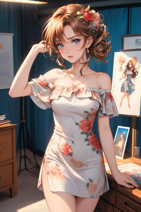 (an illustration of a teenage girl posing,dramatic_scene,drama_expression,(an illustration of girl, girl)),advertisement_sheet,magazine_illustration,(medium breasts),anime,detailed_face,detailed image,8k high quality detailed,,(,floral print, off shoulder, short dress),<lora:more_details:0.5>,<lora:Floral_Print_offshoulder_Dress_By_Stable_Yogi:0.45>