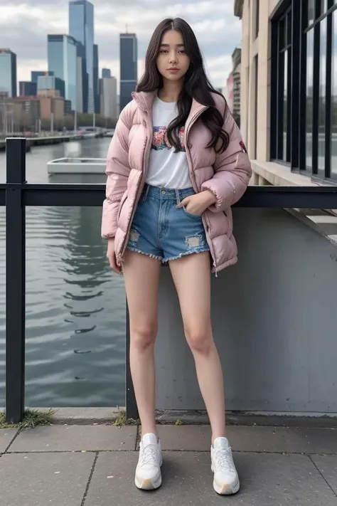 1woman, long hair, realistic, masterpiece, high detailed skin, looking at viewer, outdoor view, solo, full body shot
<lora:Floral_Jacket_Shorts_By_Stable_Yogi:0.7> opal floral print, oversized puffer jacket, denim shorts