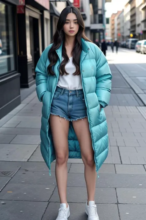 1woman, long hair, realistic, masterpiece, high detailed skin, looking at viewer, outdoor view, solo, full body shot
<lora:Floral_Jacket_Shorts_By_Stable_Yogi:0.7> turquoise floral print, oversized puffer jacket, denim shorts