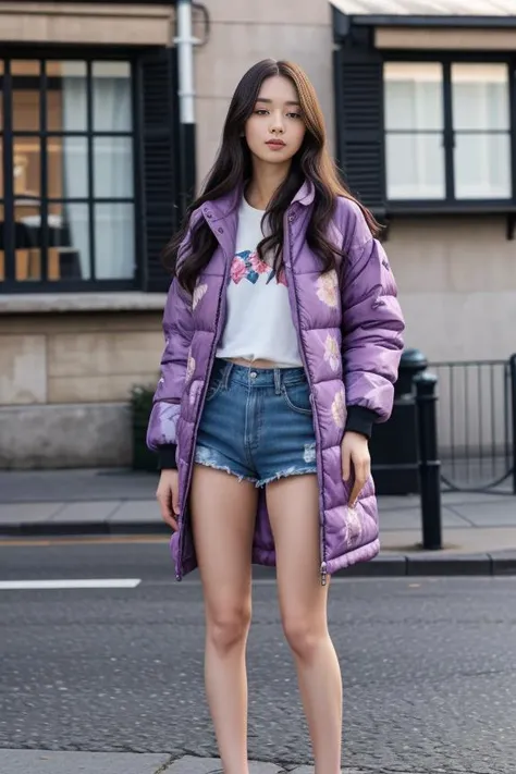 1woman, long hair, realistic, masterpiece, high detailed skin, looking at viewer, outdoor view, solo, full body shot
<lora:Floral_Jacket_Shorts_By_Stable_Yogi:0.7> violet floral print, oversized puffer jacket, denim shorts