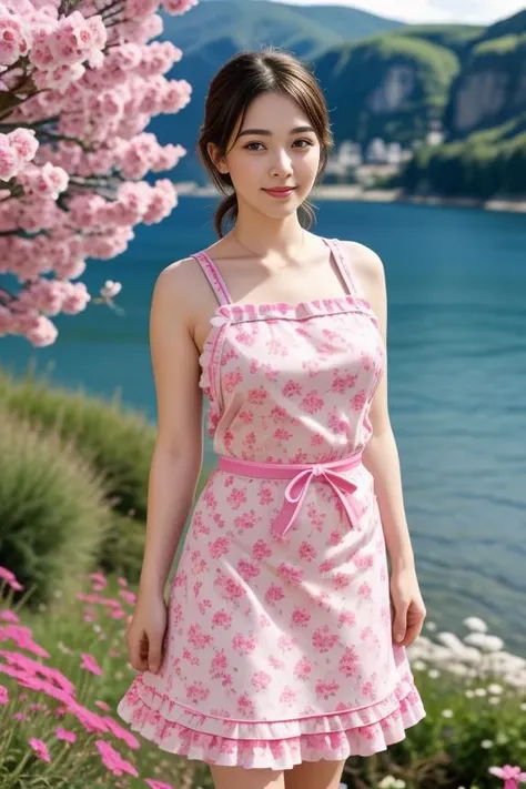 1woman, cute, beautiful, realistic, scenic view from Europe, looking at viewer, full body shot
<lora:Floral_Apron_By_Stable_Yogi:0.8> pink floral print, skirt, bare shoulders, waist apron, frills