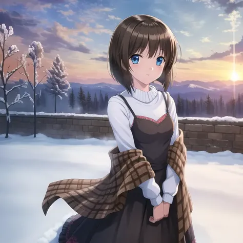 ((masterpiece)),(((best quality))), ((ultra-detailed)), ((illustration)), masterpiece, best quality, highres, {beautiful detailed eyes}, finely detail, 4k wallpaper, beautiful detailed eyes,
1girl short brown hair, brown shawl, blue eyes, standing in snowy garden, sunset