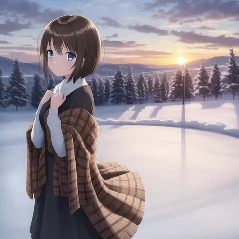 ((masterpiece)),(((best quality))), ((ultra-detailed)), ((illustration)), masterpiece, best quality, highres, {beautiful detailed eyes}, finely detail, 4k wallpaper, beautiful detailed eyes,
1girl, short brown hair, brown shawl, blue eyes, standing in snowy garden, sunset