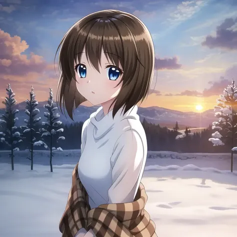 ((masterpiece)),(((best quality))), ((ultra-detailed)), ((illustration)), masterpiece, best quality, highres, {beautiful detailed eyes}, finely detail, 4k wallpaper, beautiful detailed eyes,
1girl short brown hair, brown shawl, blue eyes, standing in snowy garden, sunset