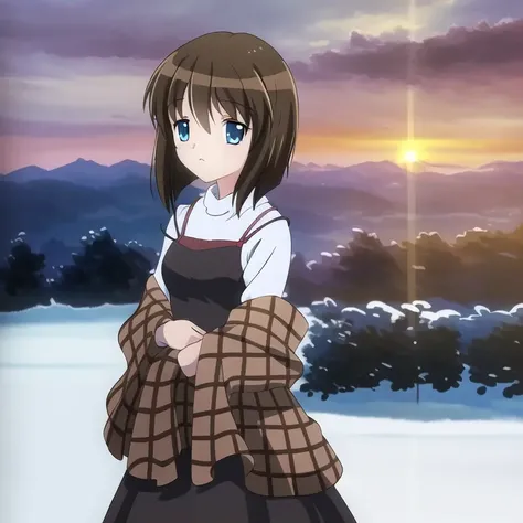 ((masterpiece)),(((best quality))), ((ultra-detailed)), ((illustration)), masterpiece, best quality, highres, {beautiful detailed eyes}, finely detail, 4k wallpaper, beautiful detailed eyes,
1girl short brown hair, brown shawl, blue eyes, standing in snowy garden, sunset