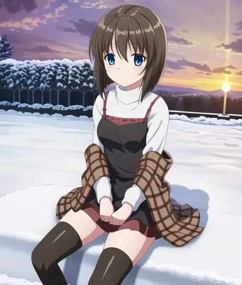 ((masterpiece)),(((best quality))), ((ultra-detailed)), ((illustration)), masterpiece, best quality, highres, {beautiful detailed eyes}, finely detail, 4k wallpaper, beautiful detailed eyes,
1girl, short brown hair, brown shawl, blue eyes, sitting on a bench in snowy garden, sunset, black thighhighs