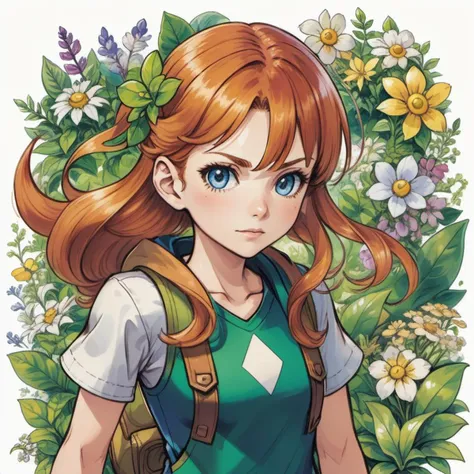 Official art by Ken Sugimori depicting a grass gym leader, she is female, floral themed design, ginger hair, Official art by Ken Sugimori ,original, masterpiece, illustration, extremely fine and beautiful, perfect detailed, photorealistic