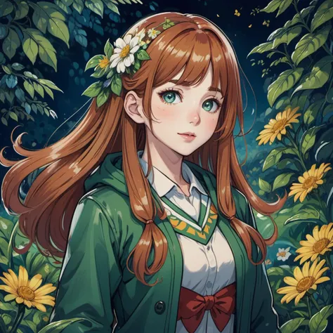 Official art by Ken Sugimori depicting a grass gym leader, she is female, floral themed design, ginger hair, 1girl, solo, long sleeves, smile, hair ornament, very long hair, puffy long sleeves, closed mouth, long hair, blush, bangs, flower, puffy sleeves, bag, hairclip, shoulder bag, white flower, signature, hands up, green nails, looking at viewer, black skirt, hat, bare shoulders, flower wreath, original, masterpiece, illustration, extremely fine and beautiful, perfect detailed, photorealistic