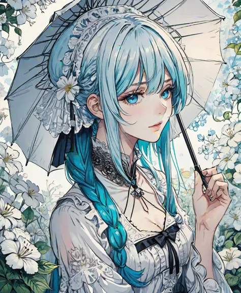 lineart, Ciel Phantomhive, Black Butler, a beautiful teenage boy, boy, hyper detailed, pixiv, beautiful art, high quality illustration, , hatsune miku, solo, twintails, flower, long hair, 1girl, jewelry, umbrella, hair flower, earrings, holding, hair ornament, looking at viewer, frills, white flower, holding umbrella, aqua hair, dress, blue hair, aqua eyes, hair between eyes, long sleeves, blue eyes, original, masterpiece, illustration, extremely fine and beautiful, perfect detailed, photorealistic