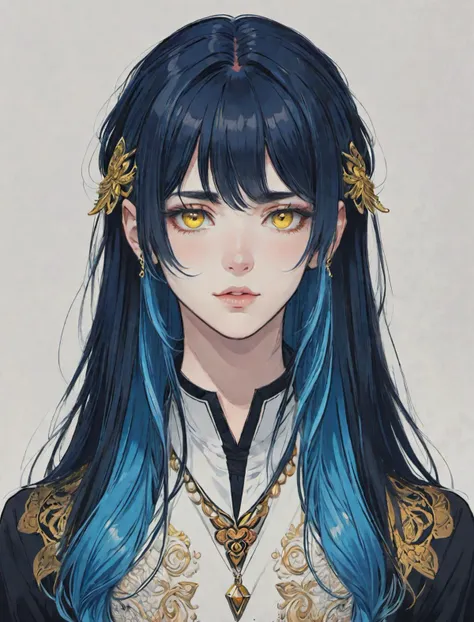 Good-looking young man with long hair, blue hair, yellow eyes, long front hair, solo, blue hair, long hair, 1girl, looking at viewer, simple background, piercing, jewelry, ear piercing, long sleeves, bangs, earrings, upper body, black nails, original, masterpiece, illustration, extremely fine and beautiful, perfect detailed, photorealistic