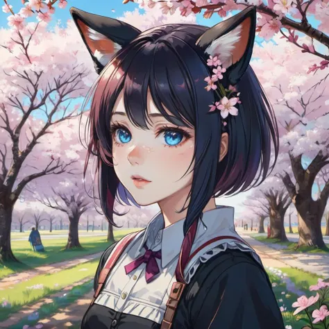 1 girl, short hair, cute, blue eyes, purplish hair, fox ears, school uniform, classroom, cherry blossoms, blue sky, cartoon, 1girl, solo, blue eyes, animal ears, blush, hair ornament, looking at viewer, hat, parted lips, animal ear fluff, bangs, long sleeves, black headwear, upper body, looking back, petals, braid, bag, beret, x hair ornament, black shirt, sleeves past wrists, cherry blossoms, frills, hairclip, outdoors, tail, fox ears, shirt, original, masterpiece, illustration, extremely fine and beautiful, perfect detailed, photorealistic