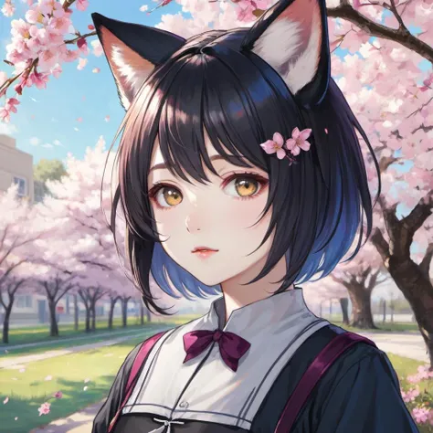 1 girl, short hair, cute, blue eyes, purplish hair, fox ears, school uniform, classroom, cherry blossoms, blue sky, cartoon, 1girl, solo, blue eyes, animal ears, blush, hair ornament, looking at viewer, hat, parted lips, animal ear fluff, bangs, long sleeves, black headwear, upper body, looking back, petals, braid, bag, beret, x hair ornament, black shirt, sleeves past wrists, cherry blossoms, frills, hairclip, outdoors, tail, fox ears, shirt, original, masterpiece, illustration, extremely fine and beautiful, perfect detailed, photorealistic