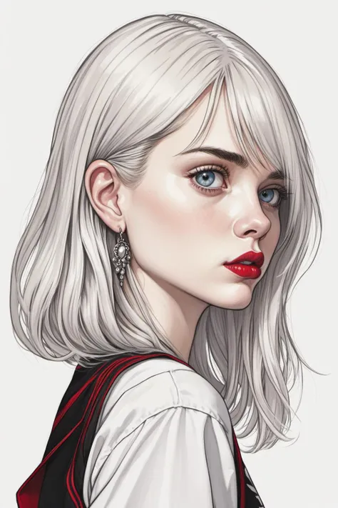 sky ferreira, 1girl, solo, jewelry, earrings, looking at viewer, white hair, grey background, simple background, grey eyes, long hair, upper body, lips, hair behind ear, closed mouth, makeup, red lips, original, masterpiece, illustration, extremely fine and beautiful, perfect detailed, photorealistic