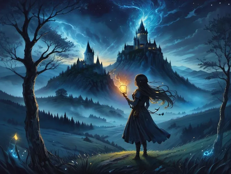 dark fantasy art, glowing aura, lighting the night sky, the Erdtree in the style of dark souls, tree, scenery, 1girl, sky, outdoors, letterboxed, original, masterpiece, illustration, extremely fine and beautiful, perfect detailed, photorealistic