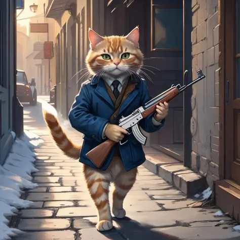 a cat bankrobber is holding an ak47 storming towards the viewer, detailed, realistic, 8k uhd, high quality, original, masterpiece, illustration, extremely fine and beautiful, perfect detailed, photorealistic