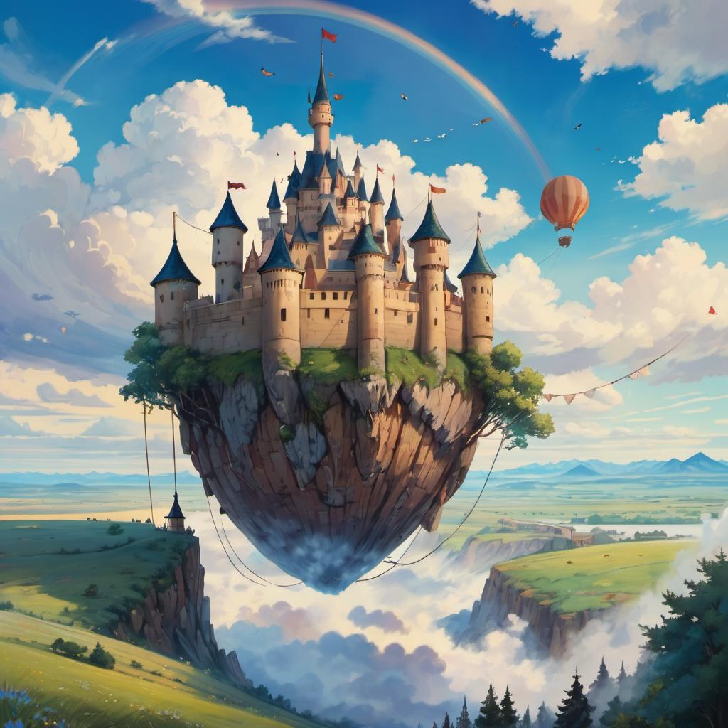 A painting of a castle floating in the sky with a rainbow - SeaArt AI