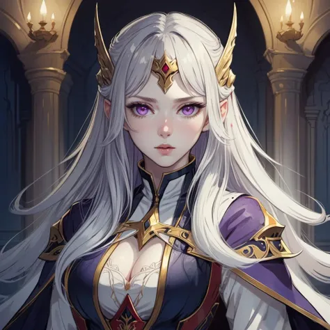 the queen of assassins at twilight portrait, letterboxed, looking at viewer, long hair, purple eyes, upper body, butterfly, white hair, bug, pillar, closed mouth, solo focus, 1girl, bangs, hair between eyes, blush, blurry, breasts, jacket, horns, cape, white jacket, indoors, original, masterpiece, illustration, extremely fine and beautiful, perfect detailed, photorealistic