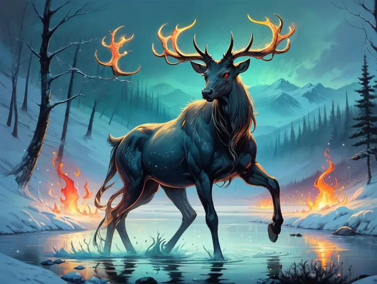 fantasy. a stag-like creature created of darkness, its horns are golden with eyes that glow red. It is as tall as a horse and the air around it seems ethereal. it stands before a lake made of green fire. evil. forebodding. , original, masterpiece, illustration, extremely fine and beautiful, perfect detailed, photorealistic