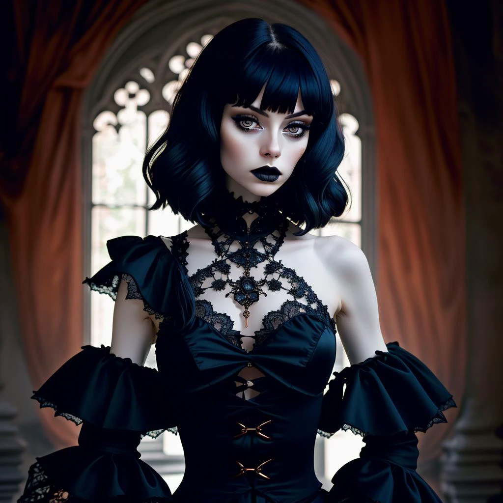 8k photo of a Beautiful woman with amazing body and transparent and gothic style clothes, lace, satin, frills, delicate, dark, copper shoulder length hair <lora:GothGirlLORA_V3:.7>