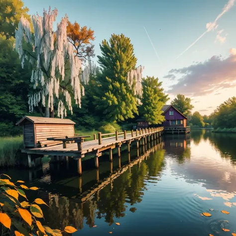 Render an image of a tranquil, serene setting just as the golden sun is about to set. In the heart of the image, place a rustic, wooden dock, weathered but sturdy, stretching out into a calm, crystal clear lake that mirrors the sky's changing hues. The dock is adorned with a vintage wooden bench, an old-fashioned fishing rod leaning against it, and a lantern casting a warm, inviting glow. To the sides of the dock, let there be willow trees slightly touching the water, their long branches lazily swaying with the gentle breeze. The trees' leaves are a lush green, creating a beautiful contrast with the orange and purple backdrop of the sky.