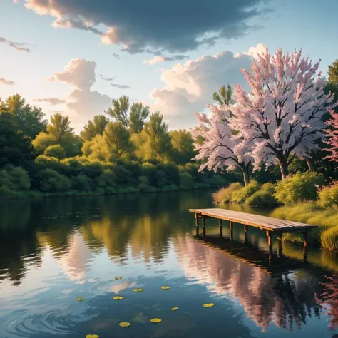 Render an image of a tranquil, serene setting just as the golden sun is about to set. In the heart of the image, place a rustic, wooden dock, weathered but sturdy, stretching out into a calm, crystal clear lake that mirrors the sky's changing hues. The dock is adorned with a vintage wooden bench, an old-fashioned fishing rod leaning against it, and a lantern casting a warm, inviting glow. To the sides of the dock, let there be willow trees slightly touching the water, their long branches lazily swaying with the gentle breeze. The trees' leaves are a lush green, creating a beautiful contrast with the orange and purple backdrop of the sky.