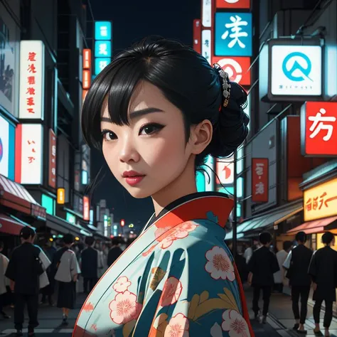 A 'concept art' style digital portrait of a radiant Japanese woman, styled in an edgy twist on the traditional kimono, striking a dynamic pose in a modern Tokyo high rise, under the neon cityscape lights, photorealistic, dslr, ultra quality, sharp focus, tack sharp, dof, film grain, Fujifilm XT3, crystal clear, 8K UHD