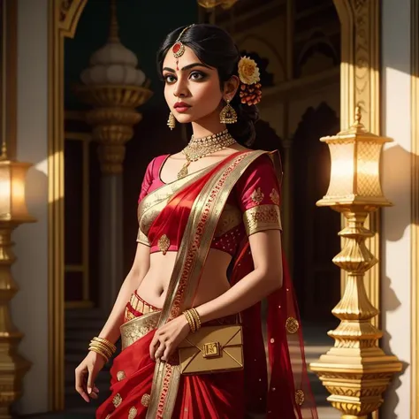 A 'photorealistic', digital painting of a stunning Indian woman dressed in a daring fusion of traditional and modern attire, standing boldly against the jeweled backdrop of a royal palace, under the dramatic spotlight of a grand Bollywood set.", photorealistic, dslr, ultra quality, sharp focus, tack sharp, dof, film grain, Fujifilm XT3, crystal clear, 8K UHD