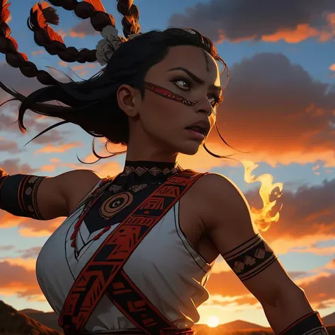 a film still depicting  a woman looking like GabiG9_100 standing victorious in a barbarian style, crimson sun sank below the horizon, casting the scene in a blood-red glow.