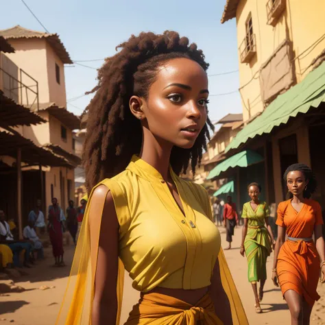 Artistic rendering, Ethiopian woman, sheer Habesha Kemis revealing her medium bust and slim waist. Her radiant skin glows under the Addis Ababa sun, turning heads in the bustling city. Ultra-realistic, 8K UHD, sensuous under the African daylight