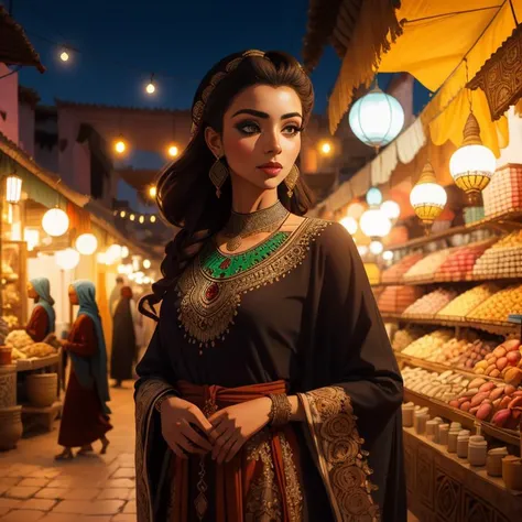 "Digital painting, Moroccan woman, small bust and slender waist subtly emphasized in a risqu caftan. Under Marrakech's bustling souk lights, her lithe figure and intricate henna-adorned hands radiate an exotic allure. DSLR aesthetic, 8K UHD, vivid market hues