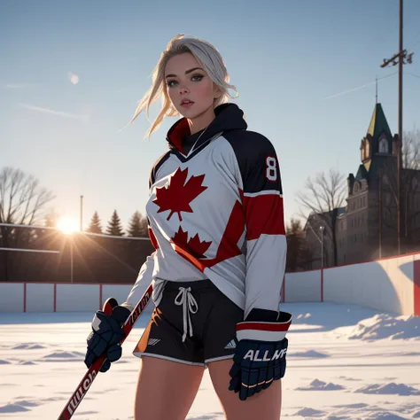 Photorealistic image, Canadian woman, in a provocative, hip-baring hockey outfit, her athletically firm bust, and toned legs on full display. Under Ottawa's crisp morning sky, her strong arms and smoky eyes reflect an irresistible beauty. Crystal clear, Fujifilm XT3, 8K UHD, alluring under the cold morning light