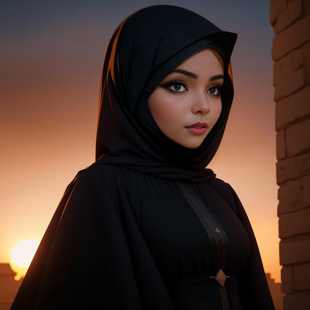 Digital portrait, Saudi Arabian woman, sporting a daringly transparent Abaya that embraces her slender waist and petite bust, her breasts subtly visible. The glow of Riyadh's sunset enhances her seductive charm. Sharp focus, 8K UHD, a tantalizing sight in the golden light